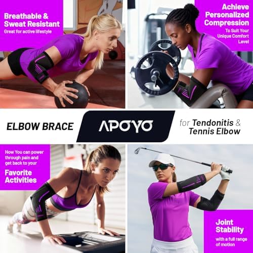 APOYO Elbow Brace for Tendonitis and Tennis Elbow, Elbow Compression Sleeve, Elbow Brace for Women and Men w/ Adjustable Strap for Tennis Elbow Relief, Weightlifting, Arthritis, Workouts, Reduce Joint Pain During Fitness Activity (Purple (Pair), Large)