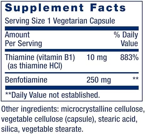 Life Extension Mega Benfotiamine, 250 mg, a fat-soluble form of thiamine, healthy metabolism, ultra-bioavailable vitamin B1, high potency, gluten-free, non-GMO, vegetarian, 120 capsules