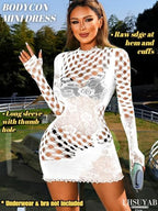 Club Outfits, Hollow Out, Long Sleeve One Piece Bodycon Fishnet Dress