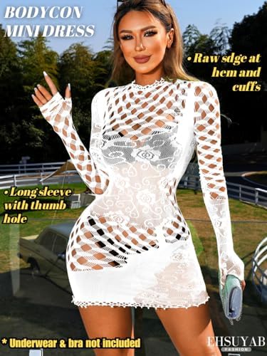 Club Outfits, Hollow Out, Long Sleeve One Piece Bodycon Fishnet Dress
