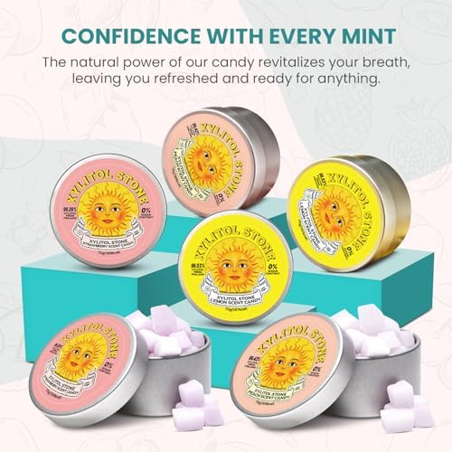 Xylitol Stone Sugar Free Candy - Vegan & Keto Friendly Unique Hard Candy - 100% Natural Flavor Candies - Gluten Free & Non-GMO Breath Freshener Mints - Pack of 6 (2 Strawberry, 2 Lemon, 2 Peach)