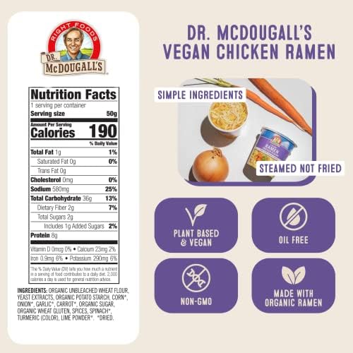 Dr. McDougall's Vegan Ramen Chicken Soup - Chicken Noodle Soup - Instant Ramen Noodle Cups - Oil-Free, Non-GMO, Organic - 1.4 Ounces - Pack of 6