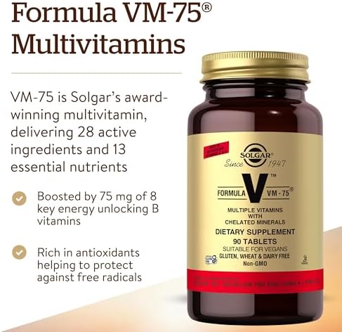 Solgar Formula VM-75, 90 Tablets - Multivitamin with Chelated Minerals - Vitamin A, B6, B12, C, D, E - Biotin, Magnesium, Calcium, Iron, Zinc - Vegan, Gluten Free, Dairy Free, Kosher - 90 Servings