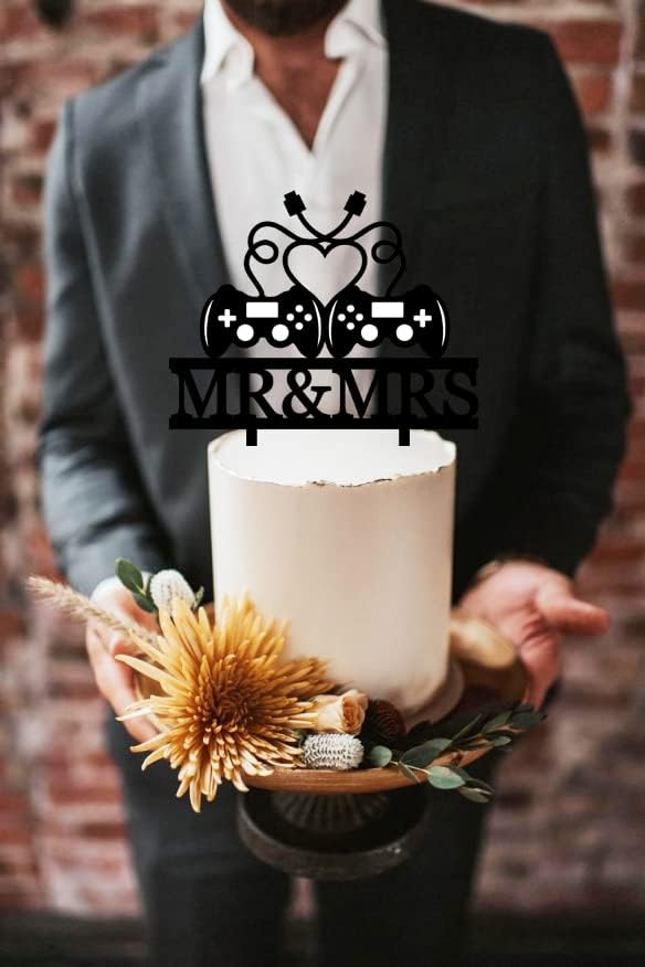 Gamer Couple Wedding Cake Topper - Game Controllers Cake Topper with Heart-Shaped Cable,Romantic Mr&Mrs Topper for Gaming Couples' Bridal Shower Engagement Wedding Anniversary Party Decor