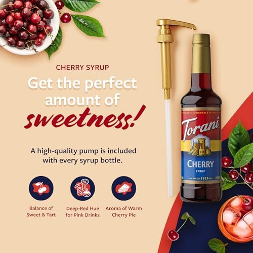 Torani Cherry Syrup for Drinks, Flavoring for Iced Tea, Lemonade, and Sodas, Pump Included, 25.4 Oz