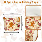 JarThenaAMCS 100Pcs Christmas Baking Cups Gingerbread Man Candy Cane Cupcake Wrappers Brown Red Scalloped Edge Cupcake Muffin Cases for Xmas Winter Dessert Decoration