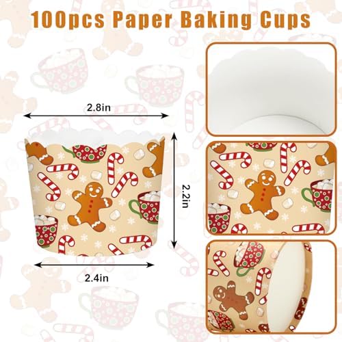 JarThenaAMCS 100Pcs Christmas Baking Cups Gingerbread Man Candy Cane Cupcake Wrappers Brown Red Scalloped Edge Cupcake Muffin Cases for Xmas Winter Dessert Decoration
