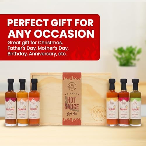 Hot Sauce Gift Set (6 Pack) - Hot Sauce Variety Pack in Premium Wooden Box - Great Gift for Birthday, Christmas, Father's Day for Men, Him, Her, Dad, Mom - Unique Gift Set (Set of 6)
