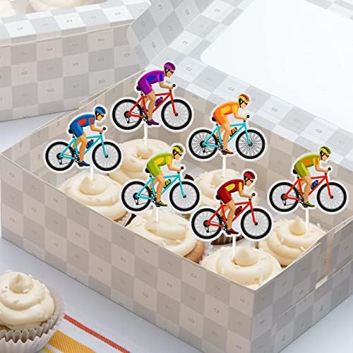 Bicycle Cupcake Toppers, Kids & Adult Birthday Party Decorations, Bike Theme Racing Party Supplies (Rainbow Glitter) 18Pcs..