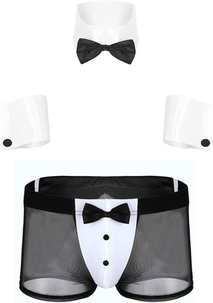 Alvivi Men's 4Pcs Waiter Tuxedo Lingerie Set Bowtie Collar Mesh Boxer Briefs with Cuffs Underwear