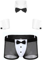 Alvivi Men's 4Pcs Waiter Tuxedo Lingerie Set Bowtie Collar Mesh Boxer Briefs with Cuffs Underwear