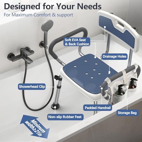 Shower Chair for Elderly and Disabled (450 lbs) Adjustable Height Shower Seat for Inside Shower with Padded Wide Arms & Back, Heavy Duty Medical Bathtub Stool for Women Seniors Handicap
