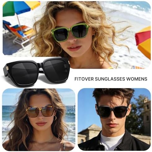HAOLOTA Polarized Fit Over Glasses Sunglasses for Women Men Trendy Square Wrap Around Shades UV Protection