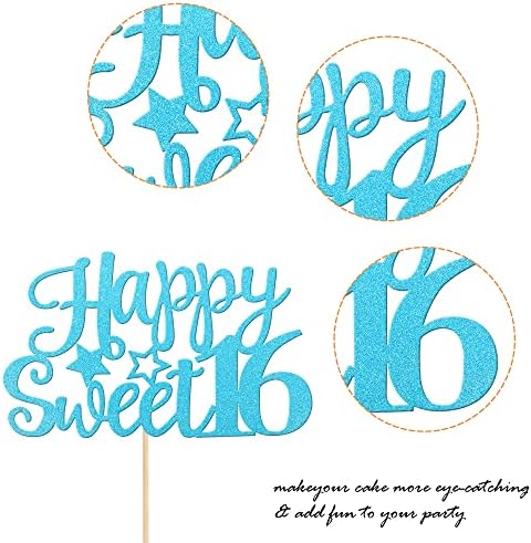 1 Pack Happy Sweet 16 Cake Topper Glitter 16th Birthday Cake Pick for Cheers to 16 Years Old 16th Birthday Party Cake Decorations Supplies Light Blue