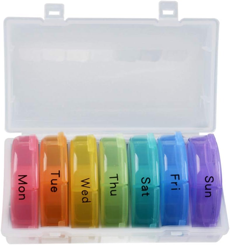 EXCEART Rainbow 21 Compartments Weekly Pill Organizer Portable Medicine Dispenser Round Vitamin Container Travel Holder for Daily Pill Storage