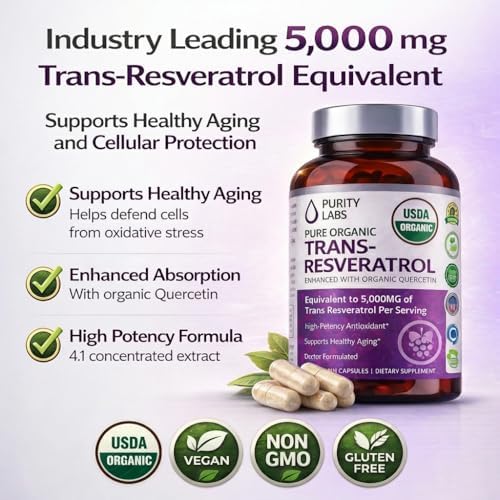 Purity Labs Trans-Resveratrol Supplement 5,000 mg Equivalent per Serving with Quercetin, USDA Organic High Potency Antioxidant, Vegan Capsules, 90 Count