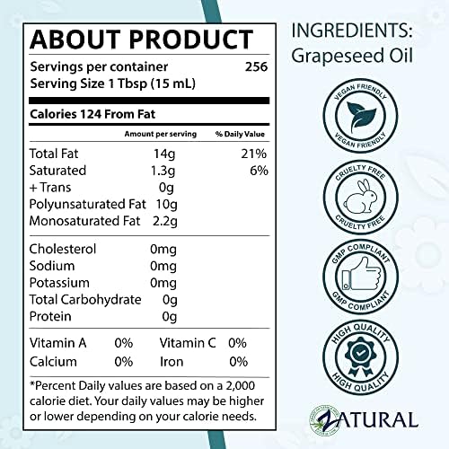 Zatural Grapeseed Oil Naturally Grown 100% Pure Cold Pressed Virgin High Tempurature Cooking Oil 128oz (1 Gallon)
