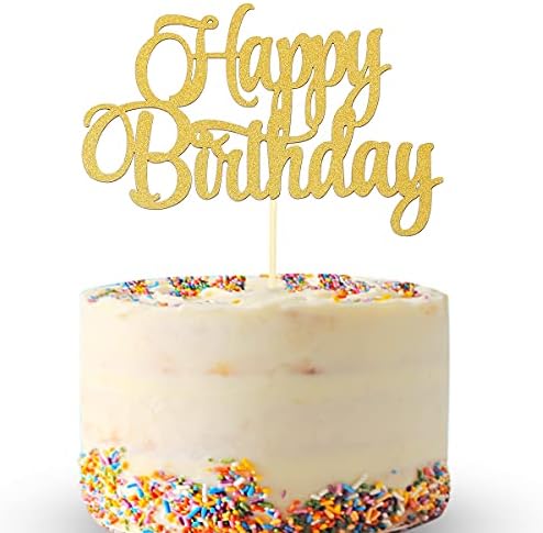 Gold Happy Birthday Cake Topper - Golden Glitter Birthday Party Cake Decoration Supplies, Single Sided Cake Smash Decoration Photo Booth Props, Gold Paper Cake Flags Sign