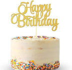 Gold Happy Birthday Cake Topper - Golden Glitter Birthday Party Cake Decoration Supplies, Single Sided Cake Smash Decoration Photo Booth Props, Gold Paper Cake Flags Sign