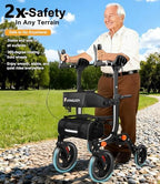 Lightweight Upright Rollator Walker All-Terrain Foldable with seat and Adjustable Height backrest, 300 lbs Capacity, 10" Front & 8" Rear Wheels for Seniors, Adults, bariatric, Includes Cane Holders