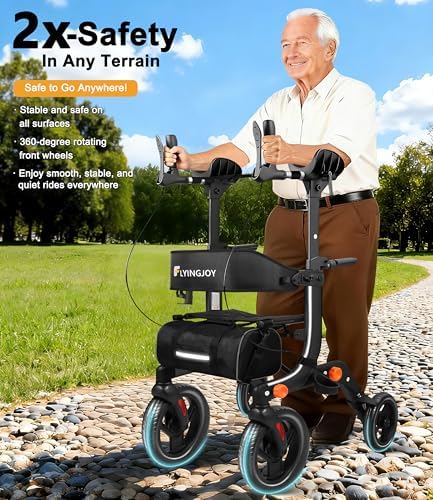 Lightweight Upright Rollator Walker All-Terrain Foldable with seat and Adjustable Height backrest, 300 lbs Capacity, 10" Front & 8" Rear Wheels for Seniors, Adults, bariatric, Includes Cane Holders