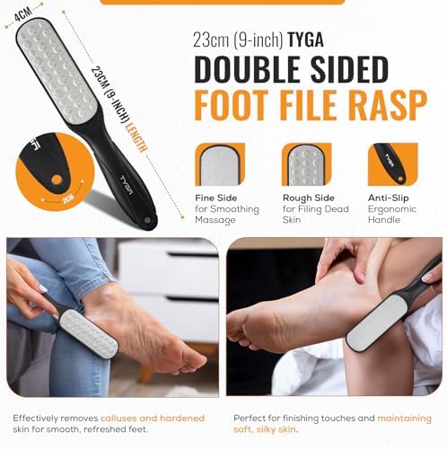 TYGA Foot Rasp Filer, Double Sided File & Scrubber Set - Callus Remover for Dead Skin Removal, Cracked Hard Skin, Coarse, Fine Scraper, Wet, Dry Spa Care, Surgical Stainless Steel, Nickel (3 Pack)
