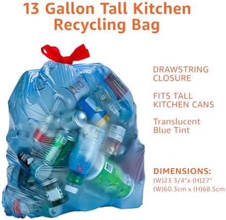 Amazon Basics Blue Recycling Drawstring Trash Bags, Tall Kitchen, Unscented, 13 Gallon, 60 Count