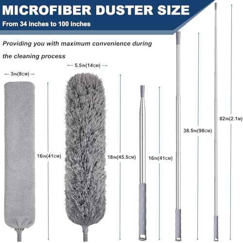 100 Inch Retractable Gap Dust Cleaner Cleaning Tools & Microfiber Feather Duster Washable and Retractable Duster Brush for Cleaning Under Appliances Furniture Ceiling Fan Dust and Cobweb Cleaner
