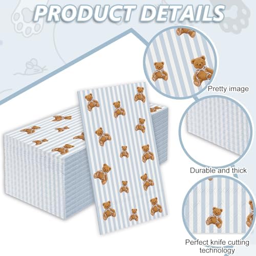 JarThenaAMCS 50Pcs Bear Guest Napkin Disposable Paper Napkins Blue Stripe Bow Brown Bear Dinner Hand Napkins for Birthday Baby Shower Party Supplies Table Decor
