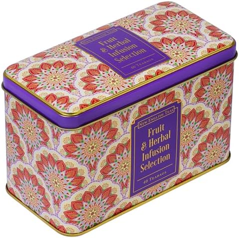 New English Teas Fruit & Herbal Tea Selection Gift Set – 40 Individually Wrapped Caffeine-Free Tea Bags in Decorative Floral Tin – Variety Pack including Peppermint, Berry, & Camomile