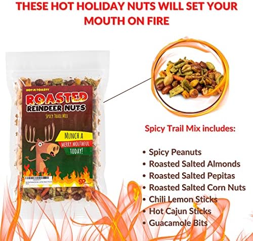 Roasted Reindeer Nuts Spicy Trail Mix - Funny holiday reindeer design - Edible gifts for Men - Spicy snack mix, Made in the USA