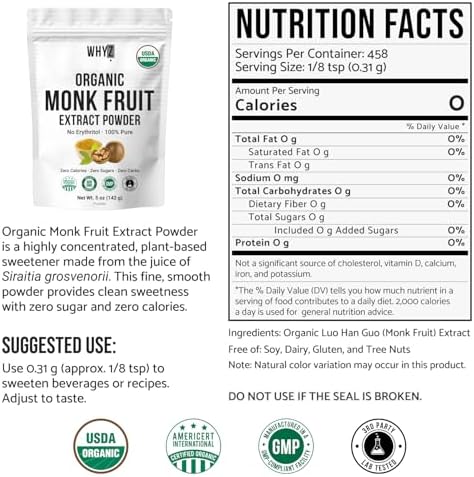 Organic Monk Fruit Extract, 5 oz, Pure Monk Fruit Sweetener Organic No Erythritol and Zero Calorie, Sugar Substitute, Powdered Monkfruit Sweetener Keto and Paleo Diet Friendly, 458 Servings