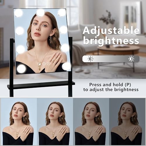 Kotdning Vanity Mirror with Lights,Lighted Vanity Mirror with 9 Dimmable Bulbs for Dressing Room & Bedroom,3 Color Lighting,Modes Detachable 10x Magnification 360°Ratation (Black) 12" L x 14.4" W