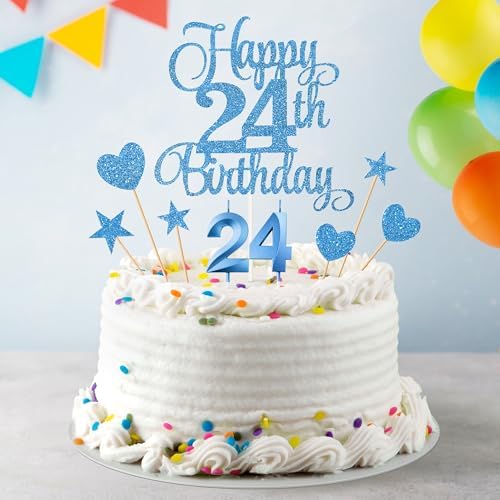 24th Birthday Cake Toppers, 24th Birthday Candles Numeral Candles and Glitter Cake Decorations Toppers Set for Party Supplies (Blue)