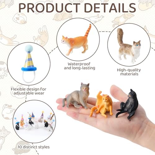 20 Pcs Miniature Cat Figurines with Birthday Hats Kit, Resin Tiny Cat Figurines Cake Toppers for Birthday Cat Cake Party Decorations