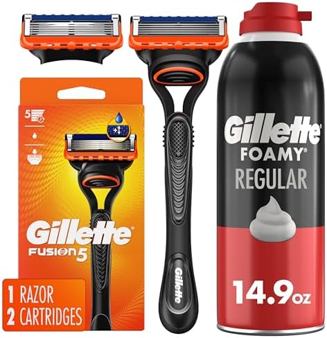 Gillette Fusion5 Razor for Men, Handle + 2 Razor Blade Refills with Gillette Foamy Classic Shave Foam for Men, Protection Against Shaving Irritation, Quick and Smooth Shave, shaving cream, 14.9 Oz