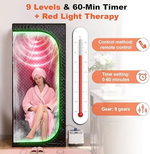 Portable Full-Body Steam Sauna Tent for Home – Large Indoor Personal Sauna with 9 Heat Levels, 3L Steamer, Remote, Foldable Chair and Transparent Window (Red Light Version, Black)