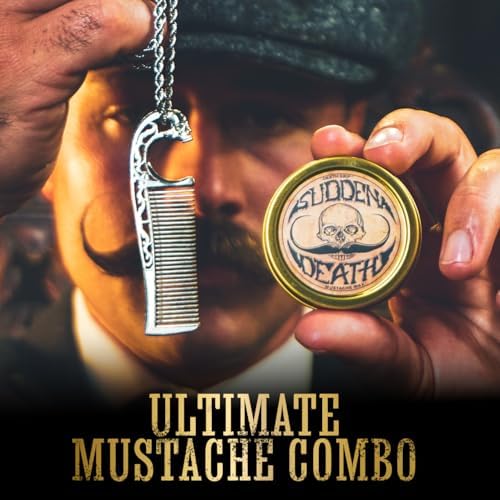 Mustache Wax Strong Hold Sudden Death 1 oz Tin & Necklace Death Grip Mustache Comb Mens Combo Kit - Grooming For Men Handlebar Moustache