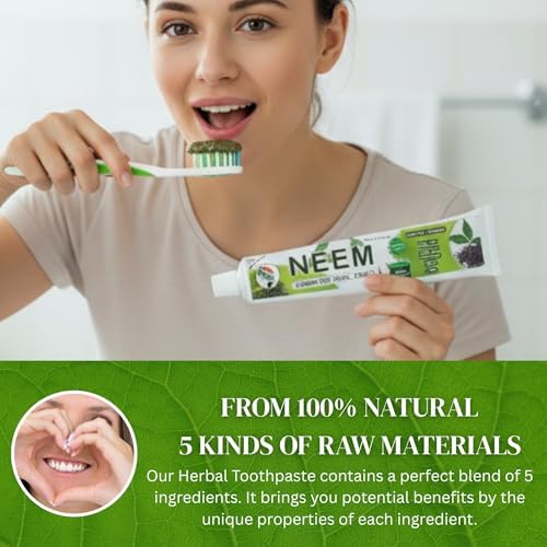 Pack of 6 - Organic Neem Tulsi 10 in 1 Fluoride Free Toothpaste - Neem, Clove, Black Seed, Cardamon, Aloe Vera, Tea Tree Oil, Miswak, Clove - Herbal Blend - 7.05 oz