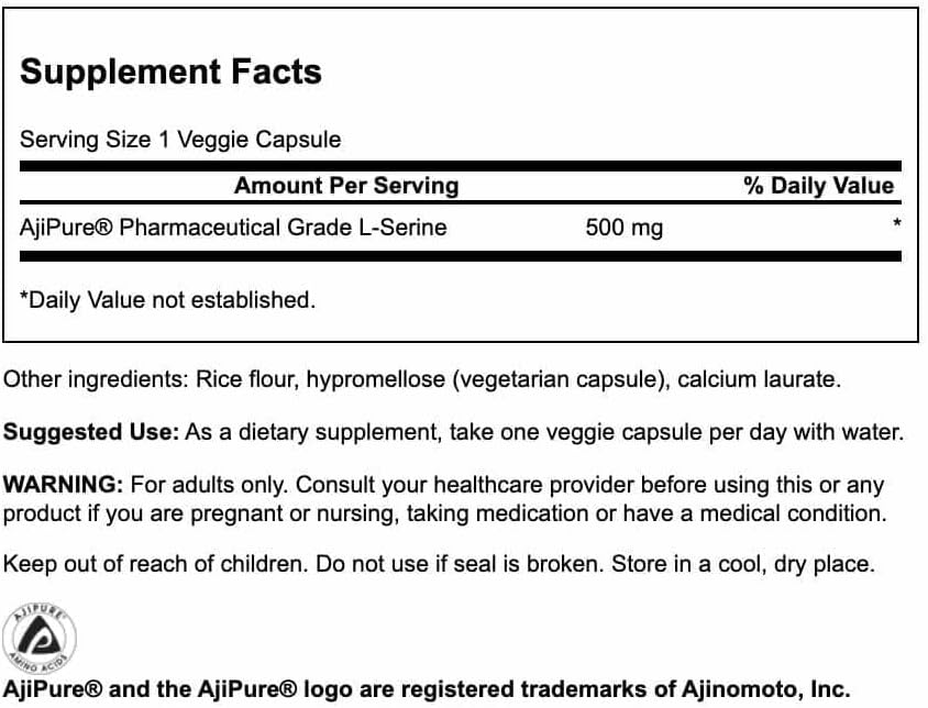 Swanson Ajipure L-Serine Pharmacecal USP Grade High Purity Amino Acid Supplement Cognitive Function Brain Health 500 mg 60 Veggie Capsules