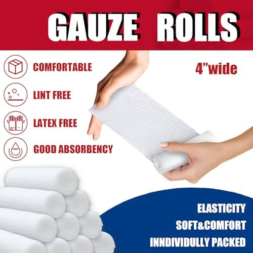 24 Pack Gauze Rolls Bandages 4 ” x 4.1 yd Premium Quality Lint and Latex-Free Conforming Stretch Designed for Wound Care for Wound Dressing Support(Ideal for Home and car First aid Kits)