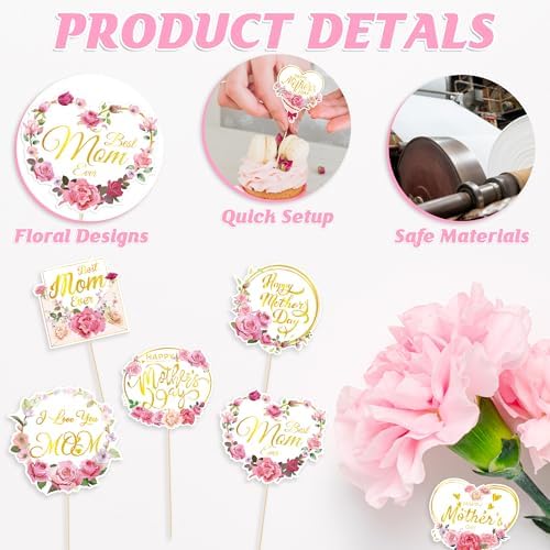 12 Pcs Happy Mothers Day Cupcake Topper, Flower Gold Foil Shape Mother's Day Cake Picks, Best Mom Ever Love You Mom Mother's Day Cake Sticks, Mom Cake Decorations for Mothers Day Party
