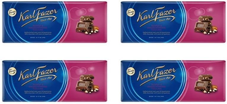 4 Bars of Karl Fazer Finland Milk Chocolate with Raisins and Hazelnuts