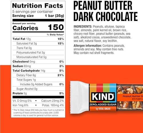 KIND ZERO Added Sugar Bars, Keto Snack, Peanut Butter Dark Chocolate, Good Source of Fiber, Gluten Free, Low Sugar, 5g Protein, 30 Count