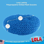 LOLA Plastic Mesh Scouring Pads - 3 Pack, 3.375" x 1.25", Non-Scratch Scrubbers to Clean Dishes, Assorted Colors - 1 Red, 1 Blue & 1 Yellow