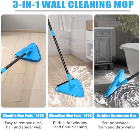 NEWE Wall Mop Cleaner with 80 Inch Long Handle, 180° Folding Ceiling Cleaner with Squeegee, Cabinet Cleaning Tool, Wall Scrubber, Triangle Baseboard Scrubber, 4 Chenille Duster & 2 Microfiber Pads