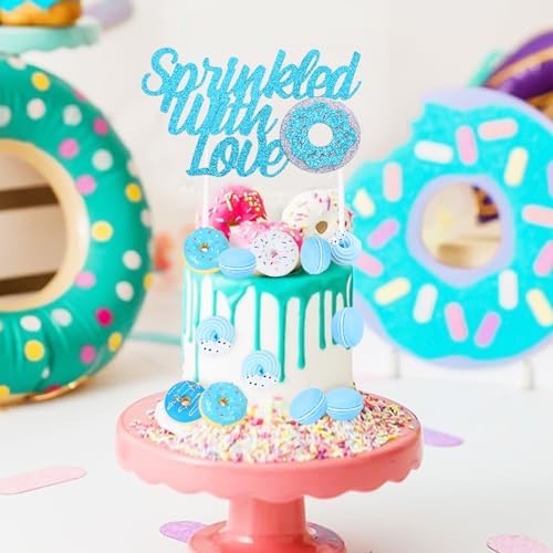 Cheereveal Donut Sprinkled with Love Cake Figures Decorations - Blue Macaron Baby Shower Cake Cupcake Toppers Dessert Picks, Doughnut Theme Baby Shower Birthday Party Photo Props
