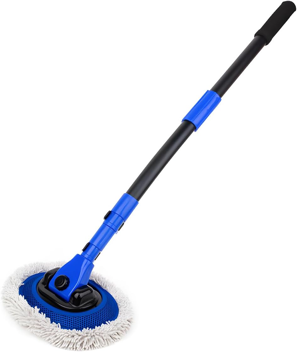 povtii Car Wash Brush with Long Handle, 45" Adjustable Length Retractable Bent Pole Automotive Wash Mop, Scratch-Free Microfiber Brush Mop for Washing Detail, Car Accessories (Single)