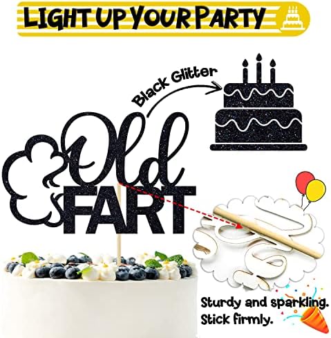 Black Glitter Old Fart Cake Topper, Holy Shit You're Old/Old AF, Funny 30th/40th/50th/60th/70th/80th/90th Birthday Party Decorations