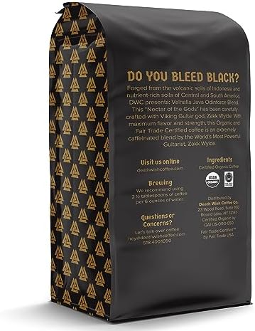 Death Wish Coffee, Valhalla Java Dark Roast Grounds - Extra Kick of Caffeine - 5 Lb. - Bold & Intense Blend of Arabica Robusta - USDA Organic - Strong Coffee for Morning Boost